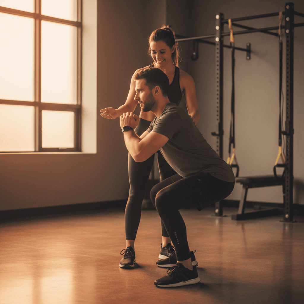 Coach sportif guidant un athlète lors d'une séance d'entraînement personnalisée