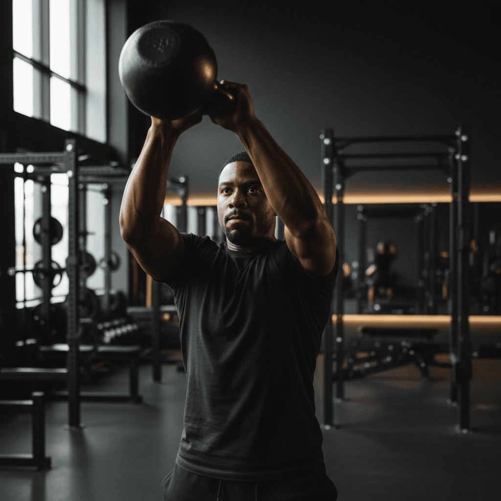 Coach Mr Fitness effectuant un mouvement d'haltérophilie explosif